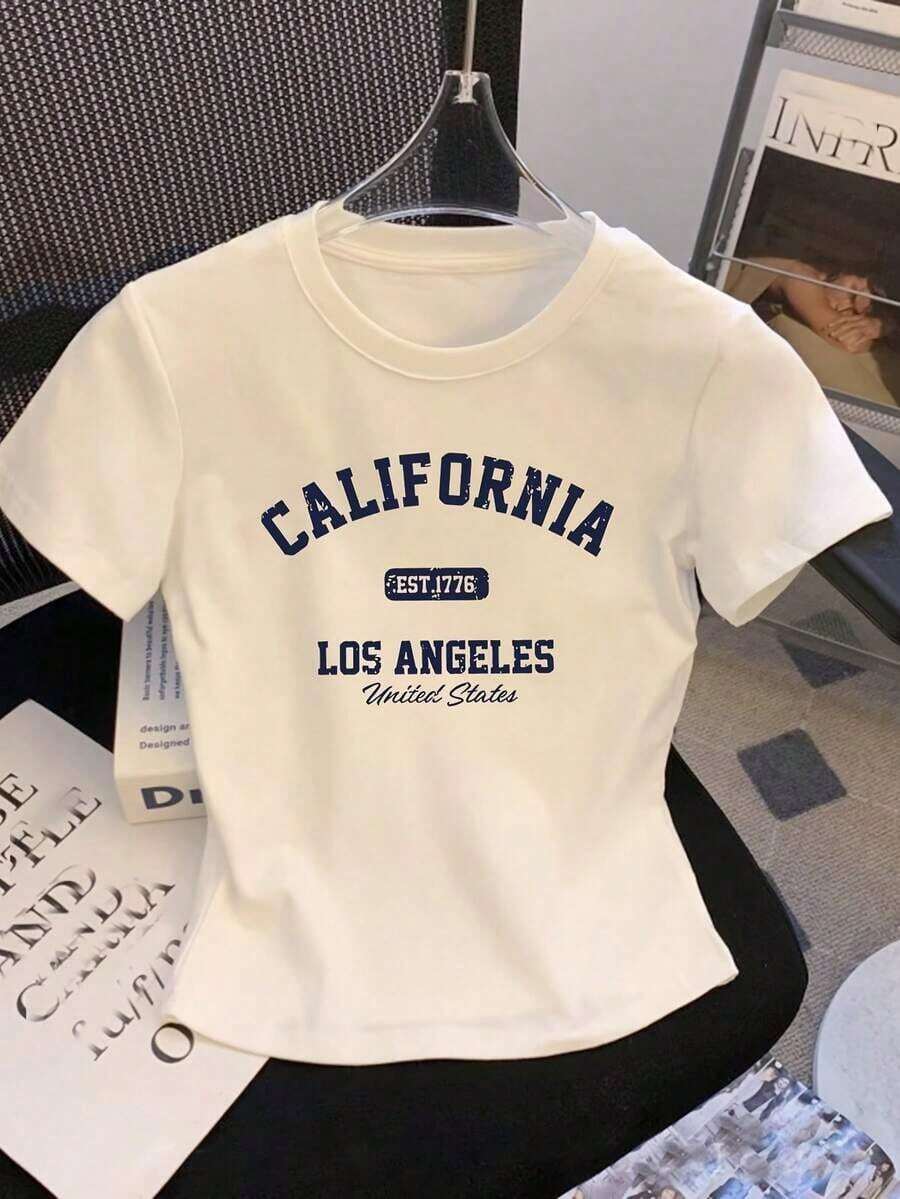 Women's Loose Fit T-Shirt With California Print - Vintage 1776 Los Angeles Design, Soft And Stretchy Fabric, Crew Neck, Short Sleeve, Machine Washable, Casual Summer Style, Medium Elasticity, Comfortable Style, 100% Cotton - 白色 - 查看 1