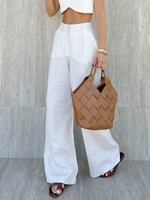 Pantalones de pierna ancha de mujer 2026 nueva llegada, tiro alto casuales y fashion, con diseño exclusivo y personalizado, elegantes para oficina versátiles - Blanco - Ver 4