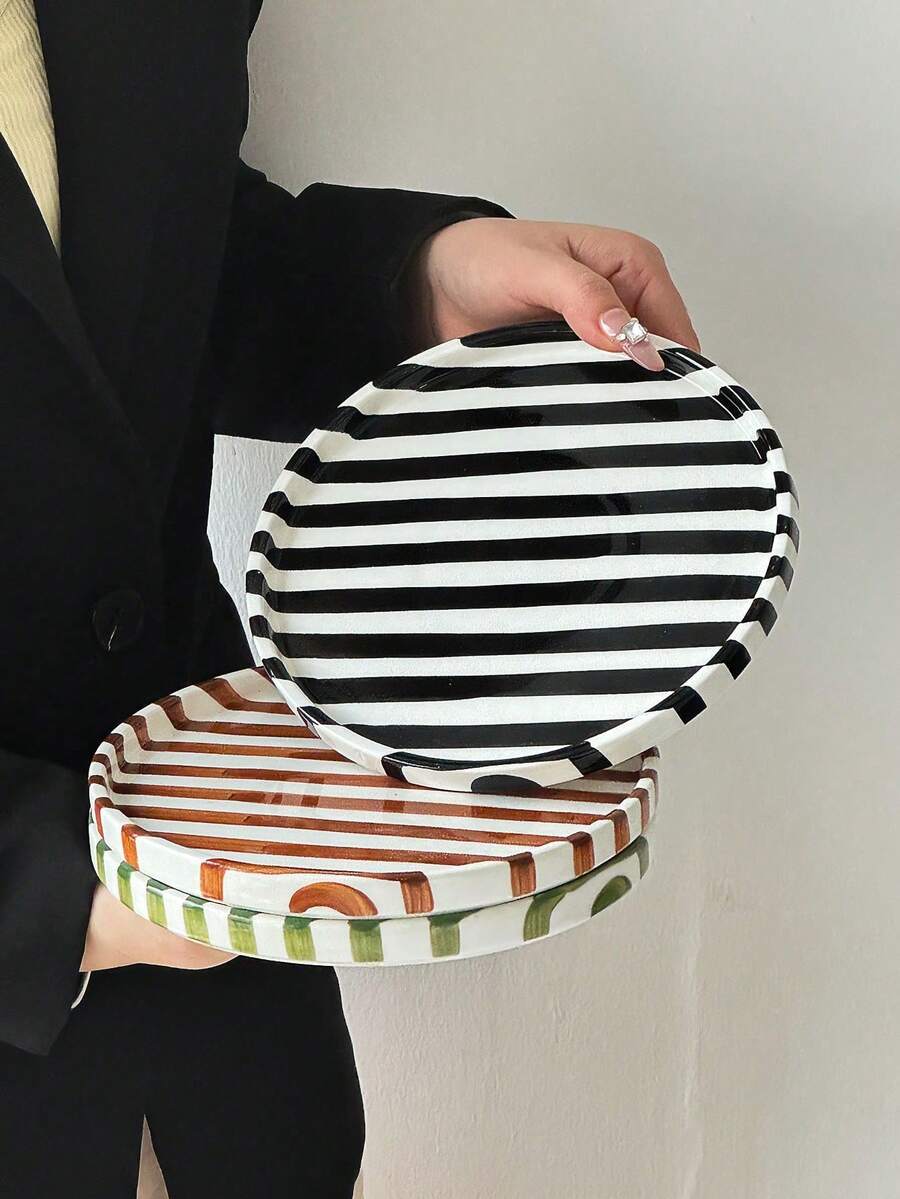 1PC 2PCS Classic Striped Dinner Plate, Nordic Minimalist Large Capacity Western Style Plate, Photography Food Display Plate, Party Gathering Snack Plate, Bedroom Jewelry Storage Tray, Gift Tray, Plate