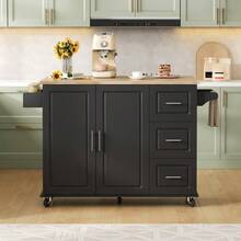 Large Mobile Kitchen Table L137*W43(76)*H92cm, Oak Top, Foldable, Multifunctional Furniture, 3 Drawers, Towel Rack, Ideal For The Kitchen, Dining Room, Home - Black - View 8