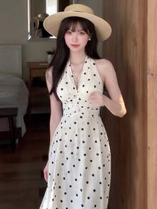 [Y6Y]波點印花V領掛脖露背長洋裝，夏季女款海灘休閒度假優雅沙灘洋裝 - 杏色 - 查看 6