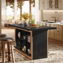 LITTLE TREE Kitchen Island With Storage, Counter Height Kitchen Island Table With 6 Open Cubbies And Footrests, Coffee Bar Table For Dining Room - Black and Brown - View 7