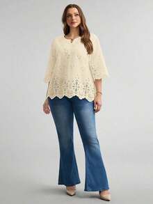 Blusa de verano de talla grande, de unicolor, hueca, bordada, casual, para vacaciones, temporada de bodas, nuevo diseño de playa para mujer - Albaricoque - Ver 6