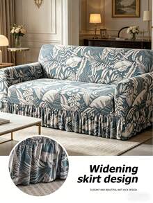 1pc Ruffled Hem Floral Print Stretch Sofa Cover, Soft & Comfortable, Elastic Furniture Protector, Multiple Sizes Available - Blue-gray - View 8