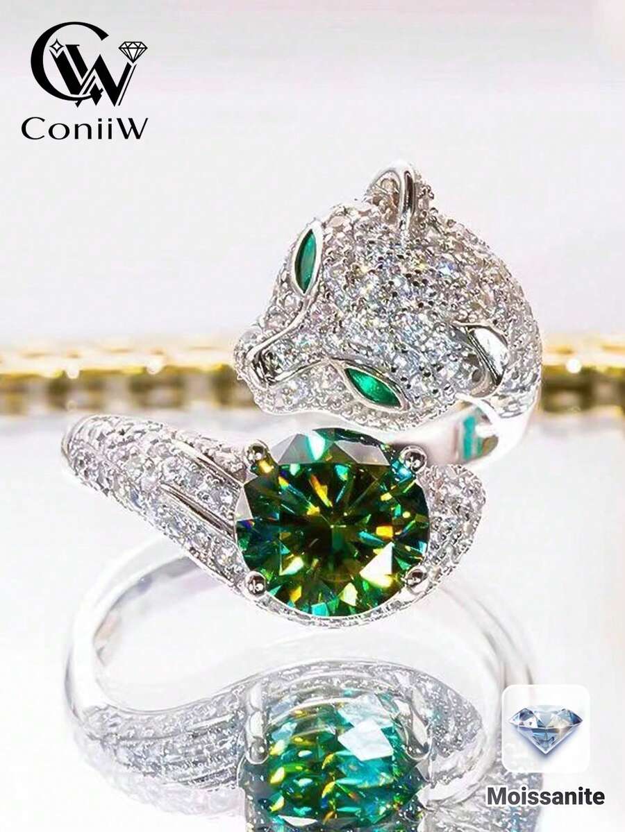 ConiiW 2克拉莫桑石925纯银可调节豹头戒指。时尚设计，精致优雅，适合日常、浪漫、高雅场合。是向女友求婚、订婚、结婚、周年纪念、情人节惊喜的理想之选，风格独特而成熟复古。