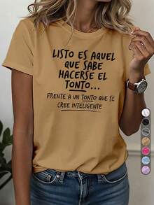 Camiseta deportiva casual vintage para mujer, camiseta de cuello redondo, "Él es el que sabe cómo ser tonto," temperamento artístico, ropa casual diaria, sabiduría española, frase filosófica distintiva, "inteligente," "tonto," top cómodo para todas las estaciones. - Blanco - Ver 7