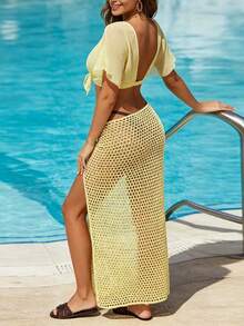 Falda Pareo de Playa de Crochet Tropical - Cubierta de Malla con Amarre y Abertura Alta - Amarillo - Ver 2