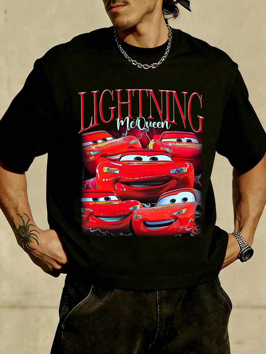 Unisex Disney Cars Lightning McQueen Tee, Racing Print, Casual Fit, Bold Streetwear Style. - 黑色 - 查看 1