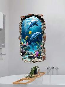 1pc Removable Dolphin & Ocean Scene Wall Sticker, Suitable For Bathroom Wall Decor - A - View 11