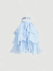 Top corto elegante de múltiples capas con volantes en azul marino, top para Año Nuevo, top de fiesta, top minimalista casual de mujer con botones frontales y tirantes anchos para uso diario, look vintage para el Día de San Valentín - Azul - Ver 5