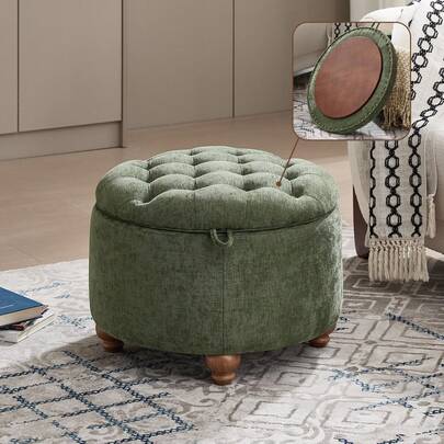 Round Storage Ottoman With Tray, Modern Tufted Fabric Round Coffee Table With Hidden Storage Space, Upholstered Circle Ottoman With Removable Top Design, Multifunctional Home Furniture Suitable For Living Room, Bedroom Indoor Daily Decoration And Use