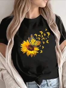Soft 100%CottonSoft 100%CottonT-ShirtLightweight And Durable Short-Sleeve T-Shirt Made Of, Featuring A Sunflower And Butterfly Design, Ideal For Casual Outings At Home, Cafes, Or Outdoor Events, Providing A Comfortable Fit For Daily WearBreathable Cotton Tee, All Matchcoolcool - 白色 - 查看 6
