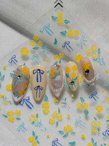 3D Embossed Nail Art Stickers With Gentle Fresh Style, Featuring Yellow Rose And Blue Bow Decor, Healing Atmosphere, Suitable For Commuting, Soft Chic Outfits, Gentle Manicure, Dating Occasions, Ideal For Gentle Enthusiasts, Students, Moms, Nail Art DIY Beginners, And Soft Girl - Multicolor - View 3