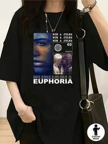 Camiseta gráfica de la serie de TV Euphoria - Camiseta casual de manga corta con cuello redondo para mujer, a la moda, de suave mezcla de poliéster, corte holgado, imprescindible para TODOS los entusiastas de la moda. Camiseta holgada, casual y versátil. - Negro - Ver 2