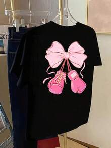 Camiseta de manga corta con cuello redondo para mujer, estilo retro de vacaciones, nueva colección 2026, para compras informales, regalos de vacaciones, reuniones con amigos, fiestas deúsica y atuendos de vacaciones. - Negro - Ver 2