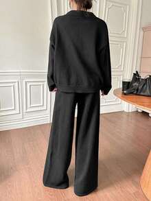 Conjunto de 2 piezas de suéter holgado de cuello vuelto de unicolor y pantalones de pierna ancha para mujer, otoño - Negro - Ver 2