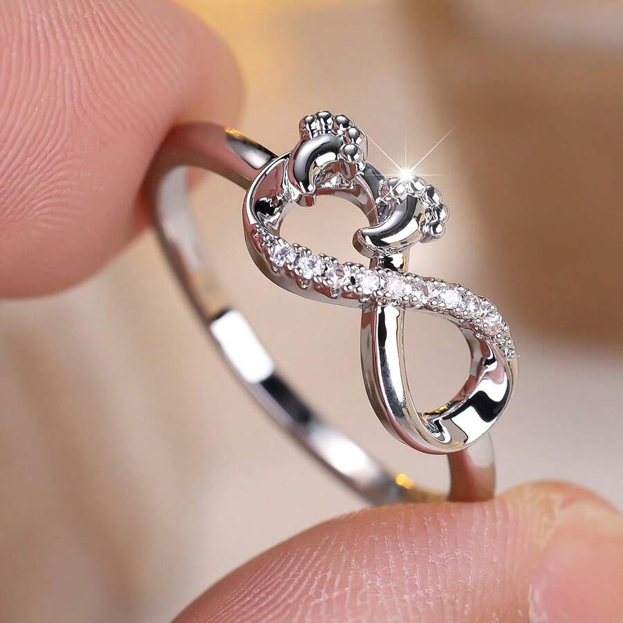 Vanel 1piece Chic Statement Ring, Infinity Symbol CZ Design, Romantic Fashion Jewelry For Daily Wear - Silver-white - View 1