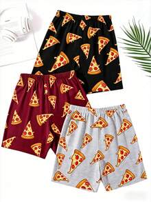 3pcs Men's Funny Pizza Pattern Lounge Shorts, Polyester, Basic Style, Stretchy Fabric, Suitable For All Seasons Sleepwear - Multicolor - View 2