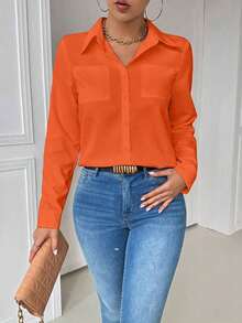 Blusa blanca casual con cuello y bolsillo, de manga larga ajustada para mujeres - Naranja - Ver 6