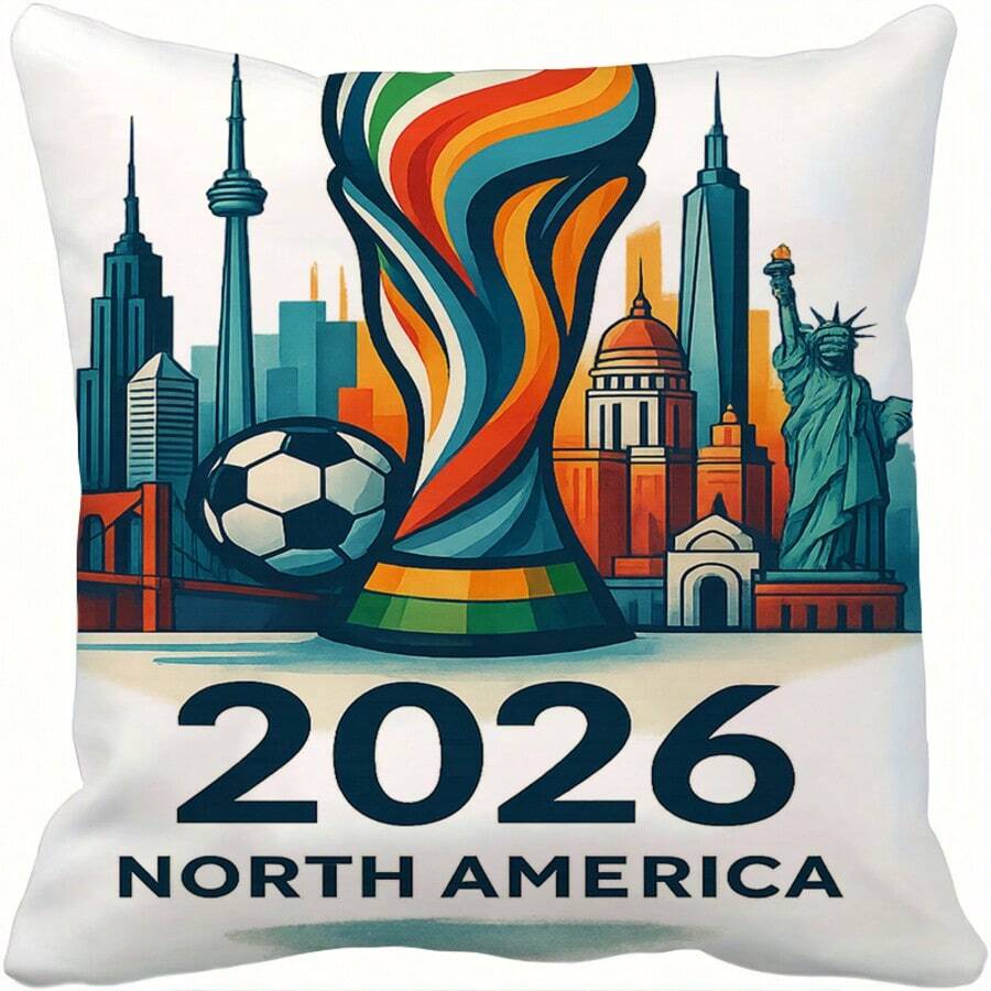 1个2026足球比赛主题抱枕套,柔软毛绒足球运动员装饰方形抱枕套,带隐形拉链,适用于球员房间、沙发、汽车、卧室、足球比赛派对装饰,45x45厘米,无填充物,单面图案 - 彩色 - 查看 1