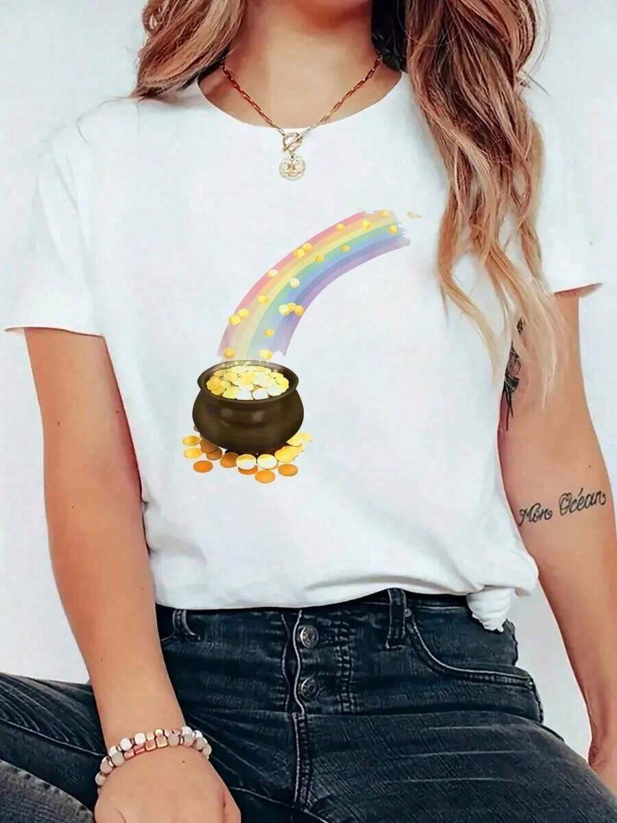 Camiseta con estampado del ojo de leprechaun del Día de San Patricio al final del arcoíris, cuello redondo, manga corta, para mujer, casual, de verano, camisetas gráficas para mujer, tops para mujer. - Blanco - Ver 1