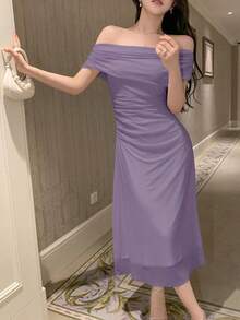 Vestido de hombros abiertos de unicolor, vestido de fiesta elegante para cumpleaños, Año Nuevo, baile de graduación, vestido de cóctel de hombros descubiertos de largo maxi - Morado - Ver 3