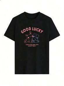 Remera Amigos Animalillos Frase Buena Suerte,Camiseta de manga corta de moda para primavera y verano de 2026, Estampado de dibujos animados, modelo de pareja, apta para uso interior o exterior. Cuello redondo, unisex, ideal para oficina y ocio. - BK-P631557LNDXZGY281 - Ver 2