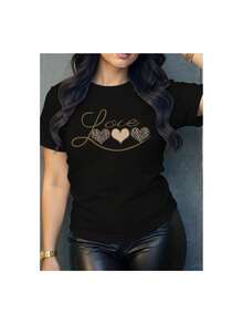 YOCASA Camiseta informal de verano para mujer, de cuello redondo, ajustada y manga corta, con estampado de pintura al óleo, floral, de corazones, de cerezas y de letras. Tejido informal sencillo, estilo deportivo, ideal para el día a día y para una cita de San Valentín. - Negro - Ver 4