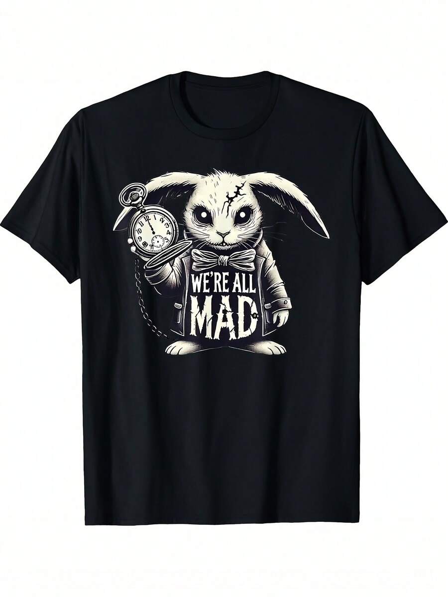 Camiseta unisex talla grandeImpresoCamisetaNegroDe manga cortaCamisetaCon características destacadasaEstilo steampunkBlancoConejoPatrón - Negro - Ver 1