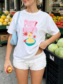 Camiseta para Mujer con Estampado de Comida, Cuello Redondo, Manga Corta, Diseño Oversized, Ideal para Streetwear - Negro - Ver 1