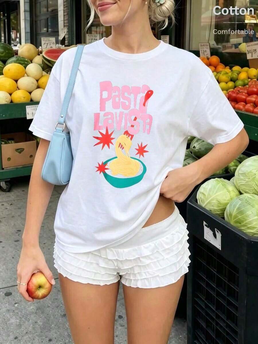 Camiseta para Mujer con Estampado de Comida, Cuello Redondo, Manga Corta, Diseño Oversized, Ideal para Streetwear - Negro - Ver 1