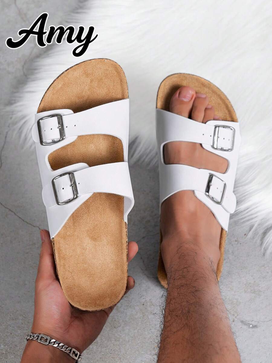 Men's Fashion Sandals With Cork Sole And Comfortable Insole, Buckle Strap Adjustable Size Slouchy Slip-On Style, Suitable For Summer Beach Outdoor Walking Unisex Slippers