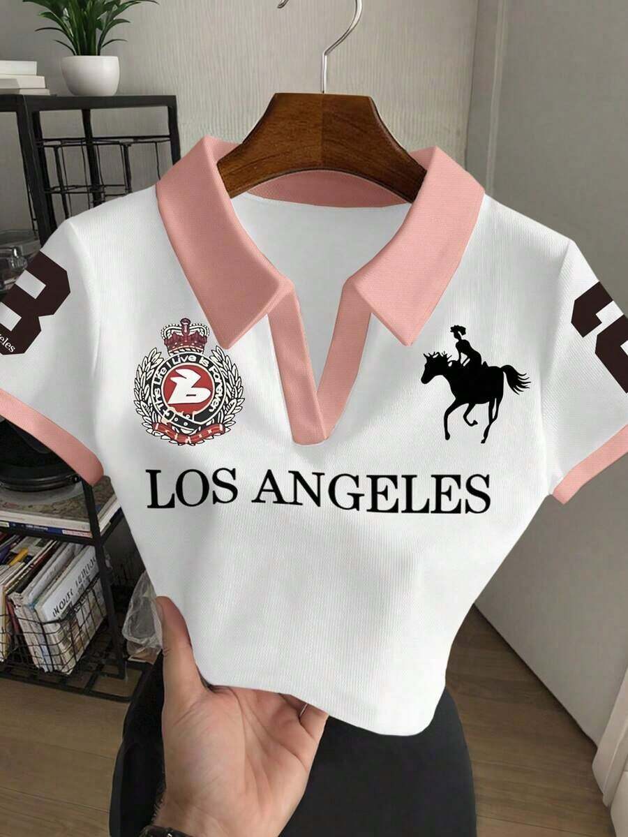 Blusa casual de mujer con cuello polo a rayas y manga corta - Blanco 3 - Ver 1