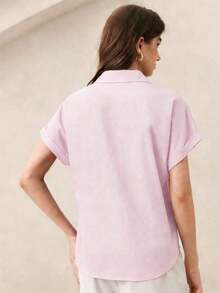 Nueva llegada Camisa casual de manga corta con botones delanteros de unicolor, adecuada para uso diario, primavera/verano - Rosa - Ver 6