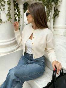 Nuevo cárdigan de punto de manga larga con cuello redondo y abotonadura sencilla en gris vintage para mujer, de estilo primavera y otoño, de moda casual minimalista y versátil, adecuado para el uso diario - Albaricoque blanco - Ver 8