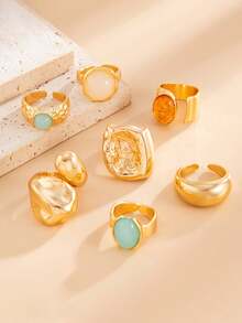 7pcs Vintage Geometric Jade Inlaid Ring Set, Thick Metal Gold Color Rings For Women, Suitable For Daily Wear And Party Decoration, Gift Jewelry Set (Ring Texture Random) - Gold - View 4