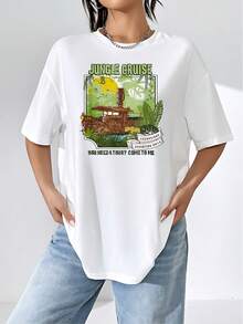 Paisaje tropical con barco navegando entre hojas de selva y sol dorado que transmite espíritu aventurero y amor por la naturaleza camiseta de mujer  cómoda para uso diario y viajes - Blanco - Ver 6