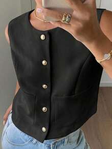 Chaqueta ajustada sin mangas de cuello redondo de unicolor para mujer, primavera/verano - Negro - Ver 7