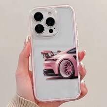 1pc Pink Frame Transparent Minimalist Lens Protective Anti-Drop Anti-Collision Sports Car Pattern Phone Case, Compatible With Apple 17/17Pro/17Promax/16/16Pro 16 Pro Max/15/14 Plus, 13/12/11, Air Phone Case - Pink - View 3