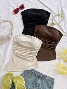 WYWH Conjunto de 3 piezas de blusas de verano para mujer: Top bandeau tipo corto asimétrico en textura azul vintage, top ajustado de punto texturizado amarillo, top ajustado sólido blanco, adecuado para fiesta, sexy, San Valentín, tarde de té, vacaciones en la ciudad - Multicolor - Ver 3