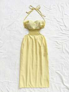 Vestido largo con espalda calada y lazo, cuello drapeado, lazo en la cintura, abertura alta, adecuado para vacaciones, festivales de música, estilo bohemio, vacaciones, citas, té de la tarde - Mostaza Amarilla - Ver 6