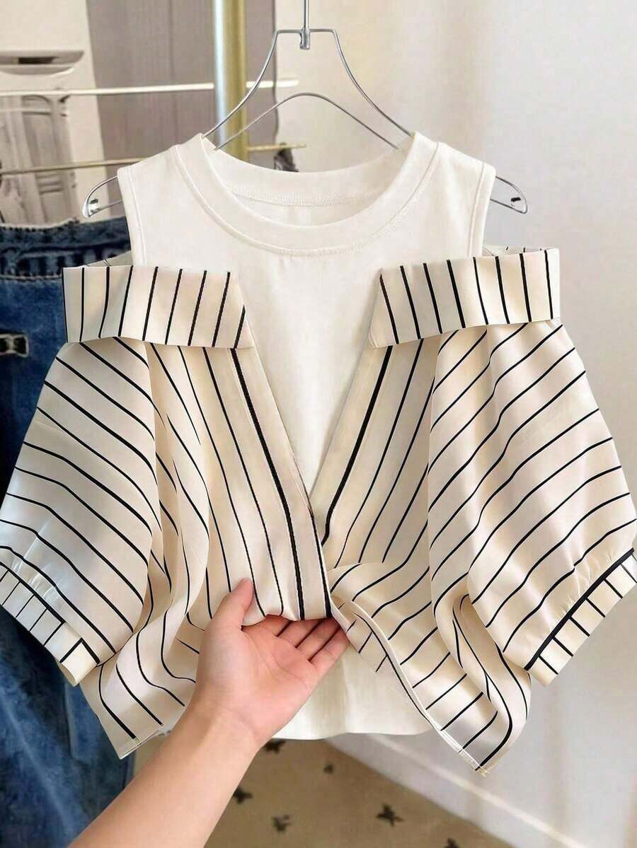Conjunto de vacaciones para mujer con camisa a rayas de dos piezas falsa - Multicolor 3 - Ver 1