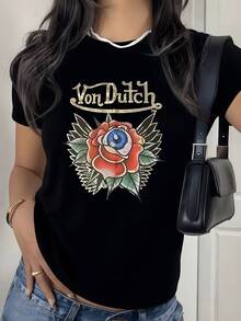 Mystic Rose With A Blue Eye In The Center Representing Intuition And Inner Strength, Surrounded By Green Leaves Symbolizing Rebirth And Protection. Modern, Casual, Comfortable Women's T-Shirt For Everyday Wear. - 黑色 - 查看 8