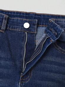 Explorewe Jeans de mezclilla estilo Y2K versátiles lavados y desgastados con pierna acampanada y elásticos para niñas adolescentes - Azul lavado oscuro - Ver 4