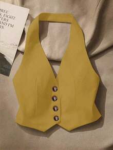 Top sin mangas con espalda descubierta casual para mujer, con botones delanteros, estilo elegante, para verano - Amarillo - Ver 6