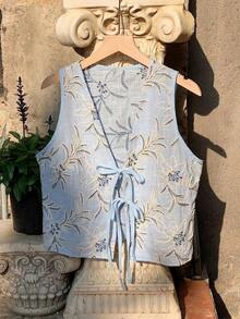 2026 Nuevo Top sin mangas con cuello en V, lazo delantero y bordado floral para mujer, ideal para vacaciones en la playa, uso casual, estilo Y2K de los 2000, primavera, graduación, fiesta de boda, vacaciones elegantes, San Valentín, carnaval, - Amarillo - Ver 6