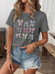 Camiseta Casual de Mujer con Cuello Redondo y Manga Corta, con Bonito Estampado de Lazo, Corte Regular, Top de Poliéster - Gris Oscuro - Ver 2