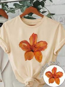 Mexican Basic 2026 Camiseta Casual de Manga Corta con Cuello Redondo para Mujer con Hermoso Estampado Floral Naranja para el Verano, Nuevo Lanzamiento - Albaricoque - Ver 7
