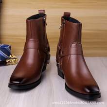 New Men's High Heel Leather Boots, Retro Western Cowboy Boots With Metal Buckle Strap And Side Zipper, Elevated Formal Boots, British Style - Brown - View 11