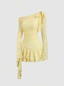 Sweetro Vestido asimétrico con hombro y bajo asimétricos, con encaje, estilo Y2K sexy - Amarillo - Ver 8